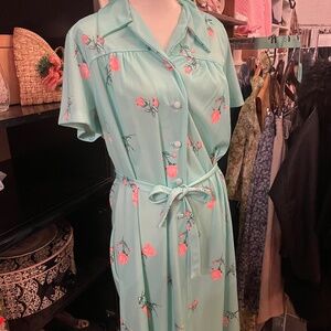 Aqua Blue Collared Dress with Pink Rose Pattern by Sue Sherry